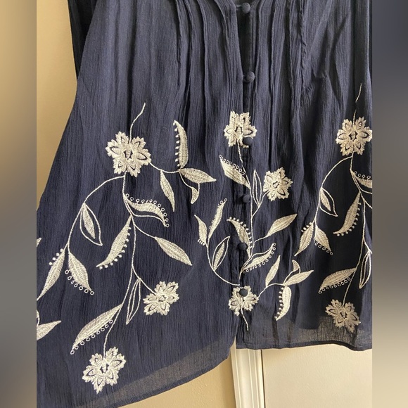 J Jill button up blouse embroidered gauze navy blue button up Large - Picture 5 of 9